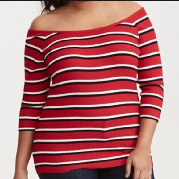 Torrid ribbed sweater scoop neck striped tricolor 2x boatneck off shoulder - Picture 1 of 9
